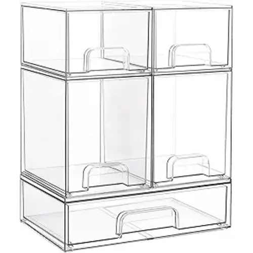 Vtopmart Stackable Storage Drawers Set of 5, Clear Plastic Organizer Bins for Baby Bottle, Beauty Supplies Storage, Ideal for Kichen Countertop, Vanity, Bathroom, Cabinet, Pantry Organization