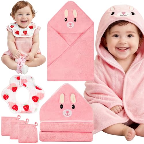 Sublaga 5 Pcs Baby Towels Set, 32x32 in Hooded Bath Towel, 3 Pcs Baby Washcloths and Muslin Baby Bibs for Newborns, Toddlers, and Kids, Baby Towels and Washcloths Set for Boys and Girls (Pink Rabbit)