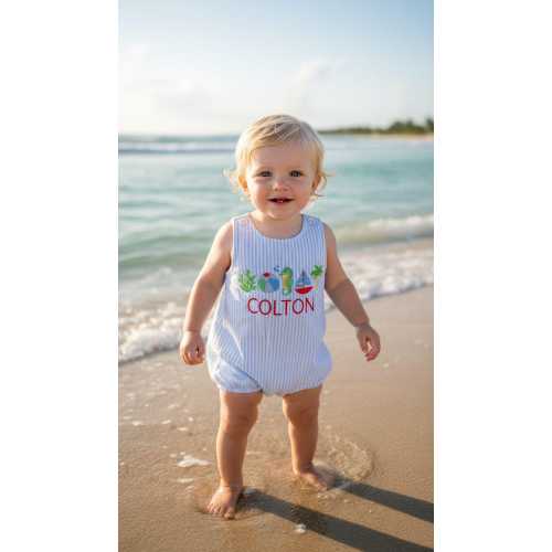 Personalized Seersucker Name Romper – Beachwear Boy