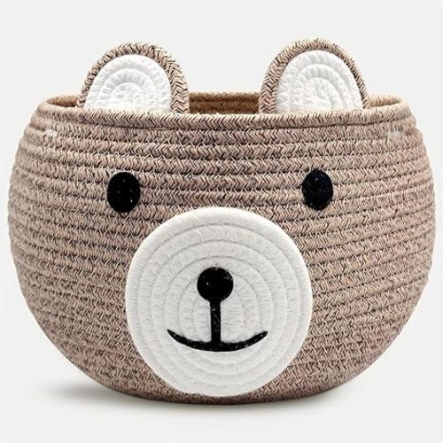 Baby Basket for Nursery - Bear Gift Baskets Empty for Kids Baby Shower Baskets for Toys Diaper Caddy Small Cute Woven Rope Storage Basket for Home Décor Easter basket Light Brown, 11"D x9"H
