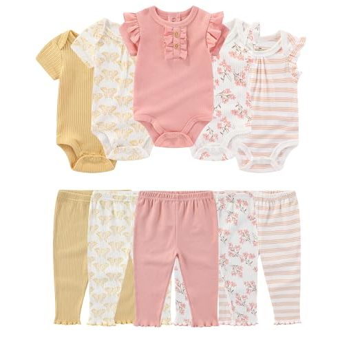 Baby Bodysuit and Pant Set Cotton Ribbed Mix Infant Girl Clothes | Unisex newborn summer outfits 10-pcs,neutral and sweet style mixed bundle gift clothing set