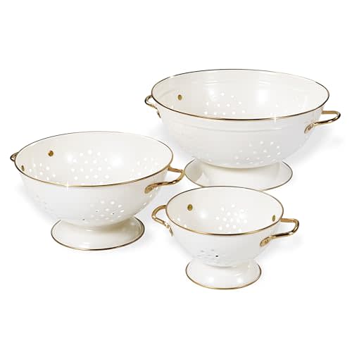 Metal Colander Set of 3, Strainer Basket with Handles perfect for Spaghetti, Pasta, Berry, Vegetable, Fruit, Solid Base Powder Coated Kitchen Essential Strainer Set, 1 & 3.5 & 5 Qt (Cream)