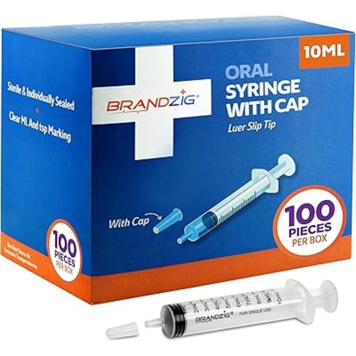 10ml Oral Syringe With Cap (100 Pack) | Oral Dispenser Without Needle, Luer Slip Tip | Individually Wrapped Medicine Dropper For Infants & Pets