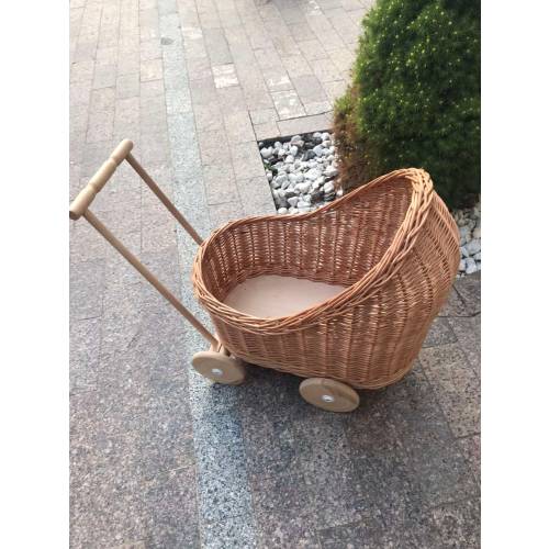 Wicker Baby Walker Push & Pull Baby Doll Pram, Wicker Stroller Wooden Pull Toy, Eco-Friendly Doll Pram for 2-3 Year Old, 1st Birthday Gift