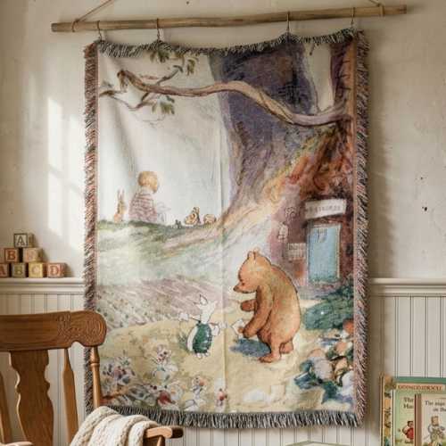 Winnie the Pooh Vintage Nursery Tapestry Wall Hanging, Hundred Acre Wood Storybook Decor
