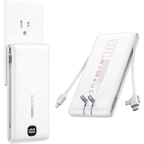 VEEKTOMX Portable Charger with Built in Cables 10000mAh, Power Bank for iPhone with AC Wall Plug, Fast Charging USB C Slim Battery Pack with LED Display Compatible with iPhone 17/16/15/14, Samsung