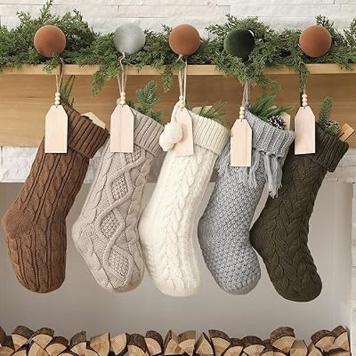 5 Pack Personalized Christmas Stockings with Name Tags, 18 inch Large Cable Knitted Christmas Hanging Stocking for Holiday Family Party Xmas Tree Fireplace Decoration Gifts (Cozy Style)