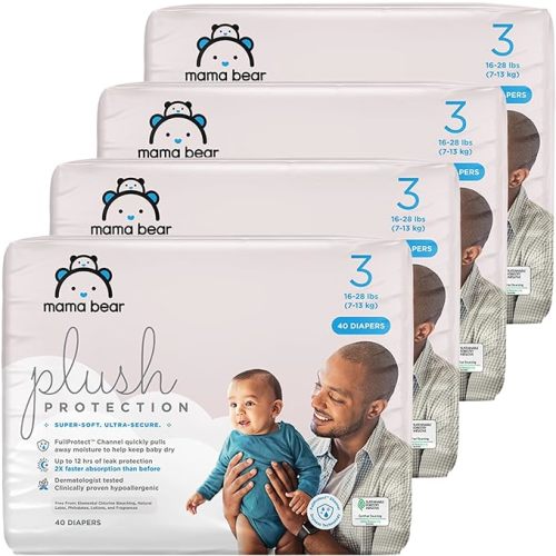 Amazon Brand - Mama Bear Plush Protection Diapers - Size 3, One Month Supply, Hypoallergenic Premium Disposable Baby Diapers, 160 Count (Pack of 4), White and Cloud Dreams