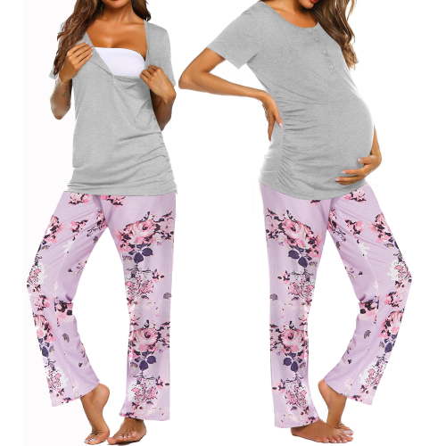 Avidlove Women Maternity Nursing Pajamas Sets Breastfeeding Floral Sleepwear Short Sleeve Henley Tops and Long Pj Pants Pregnancy Nightwear