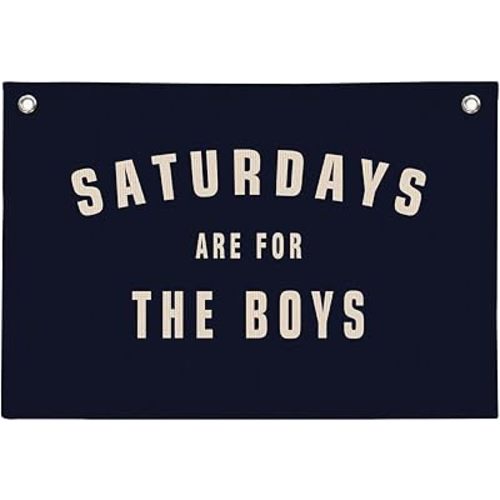 NaZaUK Boys Room Decor, Saturdays Are for the Boys Wall Hanging Poster Hanger Frame Canvas Banner, Navy Blue Hanging Banner Flag Wall Art Decor for Kids Nursery Toddler Boy Room Bedroom, 20x30 Inch