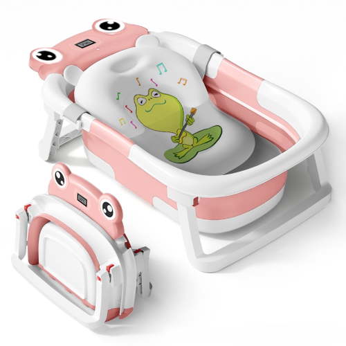 Babyomi Baby Bathtub Portable Baby Tub with Cute Bear Thermometer and Showerhead Holder, Bath Tub Thermostatic Drain Plug and No-Slip Feet Design to Newborn, Pink
