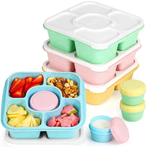 Caperci 4 Pack Lunchable Containers, Lunchable Box Reusable 5 Compartment Bento Snack Box with 4 Leakproof Sauce Containers, Dishwasher Safe, BPA Free, Wheat Straw (Vintage Color)