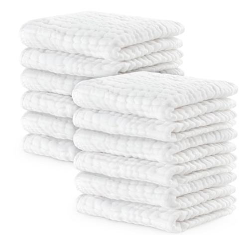 Comfy Cubs Muslin Baby Washcloths 10 Pack - Soft 6-Layer Cotton Wash Cloths for Sensitive Skin - 10"x10" Large, Gentle, Absorbent Infant Essentials for Newborn and Toddlers - White