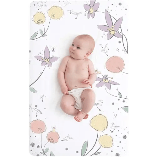 JumpOff Jo - Fitted Mini Crib Sheet for Portable Crib, Playard, and Playpen Mattresses and Mats, Soft 100% Cotton, 24 in. x 38 in. - Fairy Blossom