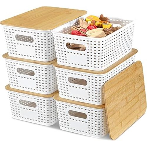 Storage Bins with Lids 6 Packs, Plastic Storage Bins with Bamboo Lids for Pantry Organization and Storage Containers for Shelves Drawers Desktop Closet Playroom Classroom Office Home, White
