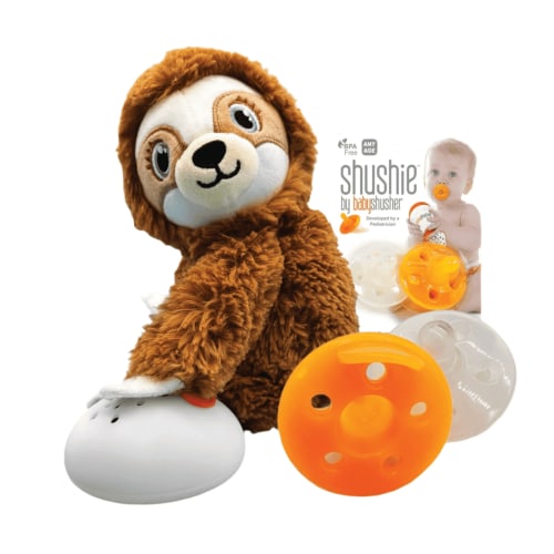 Shusher Sloth Sound Soother + 2 Shushie™ Silicone Pacifiers – Smart Noise Detection, Portable Plush Calmer for Babies and Toddlers – Batteries Included