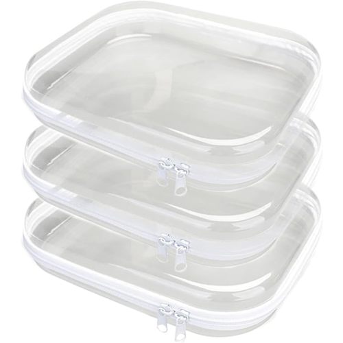 3PCS Clear Hard Plastic Zipper Case, Double Zippers Hard Pouch, Portable Travel Organizer Bin Clear Makeup Bag for Toy Storage, Snack Bag, Cosmetics, Diaper Bag, Toiletry Bag (3PCS-M)