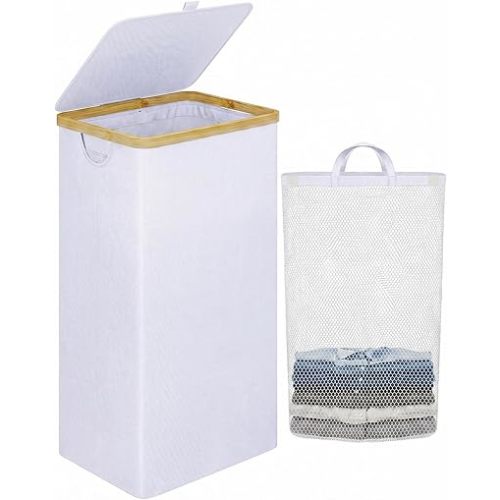 IEGrow Laundry Hamper with Lid,110L Laundry Basket with Mesh Bags,White