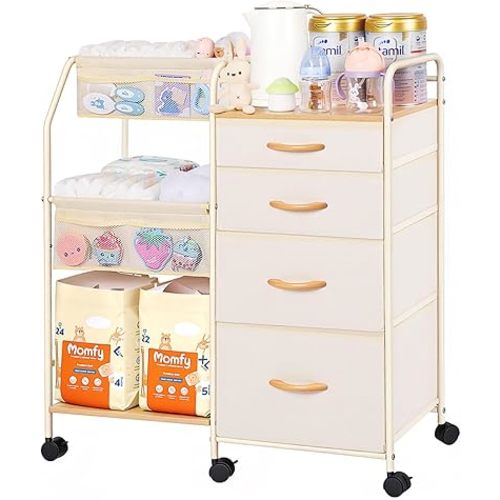 Fabuday Baby Diaper Caddy Organizer Cart - 4 Tier Rolling Diaper Cart with Wheels, Baby Essentials Organizers and Storage, Mobile Utility Carts for Bedside, Bedroom, Crib Nursury, Changing Table