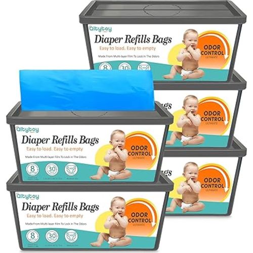 Refills Compatible with Diaper Genie Easy Roll Signature & Platinum Diaper Pail,5-Pack (150 Bags) for 7000 Newborn Diapers,7-Layer Powerful Odor Control.Extra Thickness,Durable & No Tear