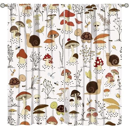 Butterfly Mushroom Blackout Curtains Cute Snail and Turtle Herb Floral Kids Room Curtains Seamless Pattern Home Decor Printed Curtains 42x45 Inches 2 Panels