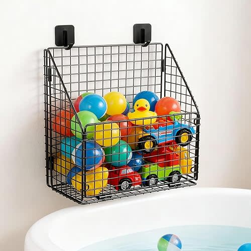 Large Bath Toy Storage, Metal Bathtub Shower Toy Holder, Foldable bath Tub Toy Organizers Black, Bathroom Toy Storage with Drainage for Sorting Toys/Clothes/Toiletries