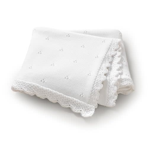 LAWKUL Organic Cotton Baby Blanket for Boys Girls, 30x40 Inch (White) | Soft Knitted Crochet, Newborn Neutral, Crib Receiving, Nursery Swaddle, Lightweight Breathable