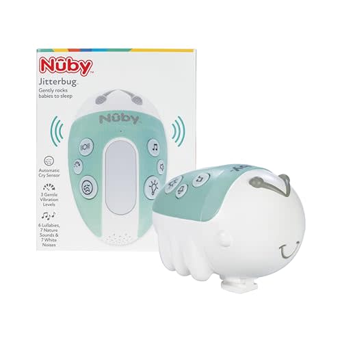 Nuby Jitterbug Stroller Rocker & Sound Machine for Babies - Portable Soother with Vibrations, Sounds, and Light Colors - USB-C Rechargeable - Attaches to Strollers and Cribs - Green