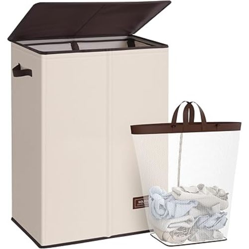 SOLEDI Laundry Hamper with Lid 130L Large & Tall Collapsible Laundry Basket, Clothes Hamper with Bag Removable Easy to Carry, Dirty Hampers for Bedroom, Bathroom, Dorm, College, Beige