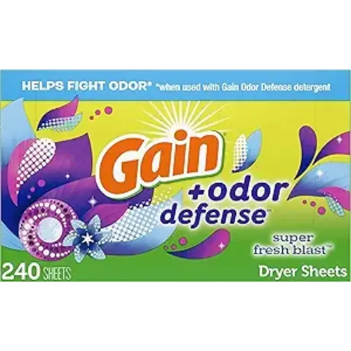 Gain Dryer Sheets Plus Odor Defense, Super Fresh Blast Scent, 240 Count, Helps fight static and odor, laundry sheets