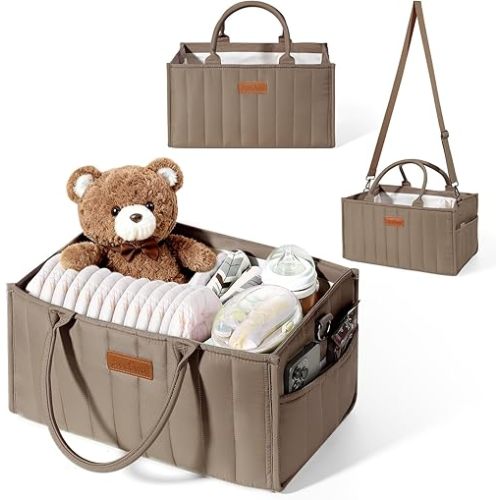 Zooawa Baby Diaper Caddy Organizer, Portable Nursery Storage Basket with Compartments, Handle & Shoulder Strap for Newborn Baby Essentials, Gift for Baby Shower, Nursery, Travel, Car, Mocha Brown