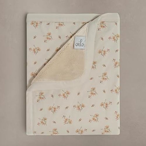 Oilo Baby Blanket, Luxury Plush Chenille Backing & Organic Cotton Jersey Print, Double Layered, 30" x 40", Rolled Jersey Edge Trim, Infant & Toddler Size, Heirloom Organic Collection, Dainty Floral