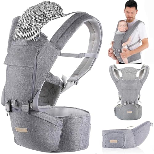 Baby Carrier Newborn to Toddler: 9-in-1 Convertible Carrier Ergonomic Infant Carriers All Seasons, M Positions, Adjustable Strap Perfect for Travel 3-36 Months Grey - Baby Carrier with Hip Seat