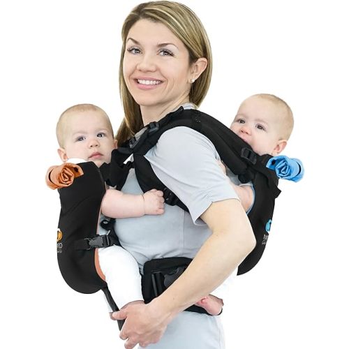 TwinGo Baby Carrier Lite Model – Adjustable Twin Carriers for 2 Babies for Front & Back Carry – 26–55 in Waistband, Supports 9.9–45 lb – Includes Sleep Hoods & Seat Belt – Classic Black