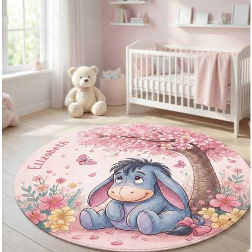 Disney Eeyore Personalized Round Rug, Winnie the Pooh Nursery Decor, Custom Baby Girl Room Carpet, Pink Cherry Blossom Play Mat, Eeyore Gift