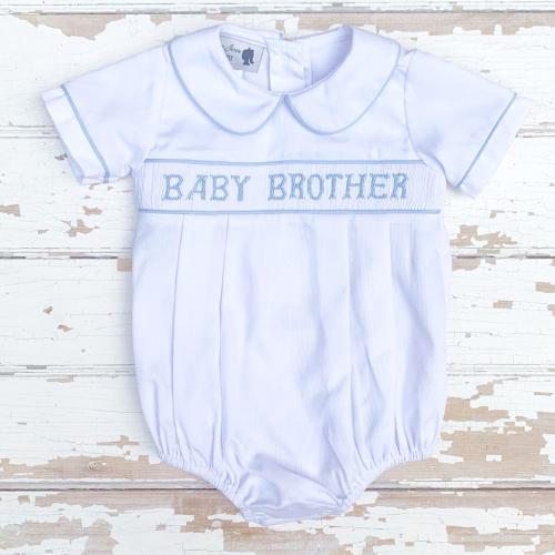 Boys Smocked Baby Brother Bubble White with Blue Hand-Smocking Romper Outfit