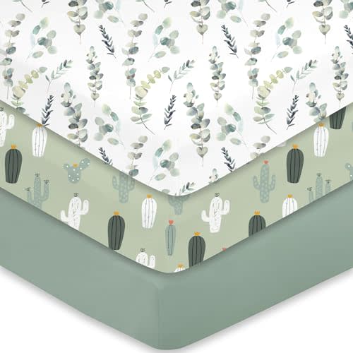 Little Grape Land 3 Pack Crib Sheets, Baby Sheet Set for Standard Crib & Toddler Mattress, Super Soft Breathable Mattress Sheets Fitted Girl & Boy, Leaves/Cactus/Solid Green Set