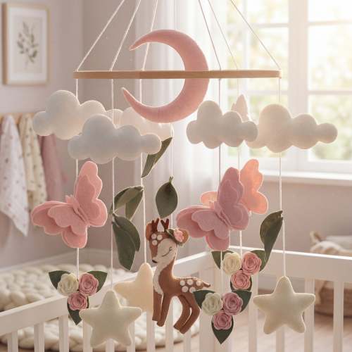 Sleepy Time Felt Mobiles - Pretty Pink Deer & Flowers