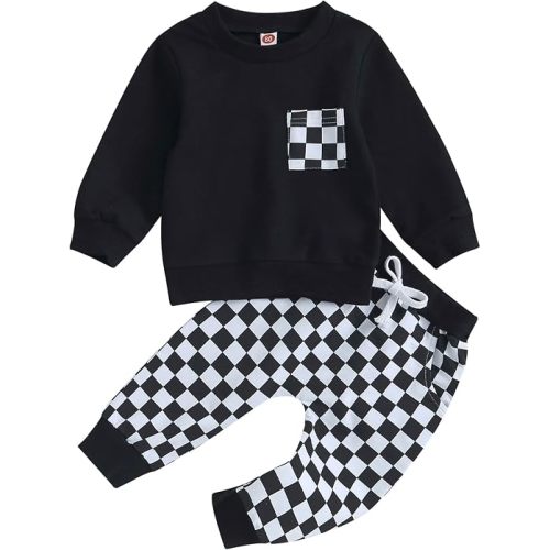 Karuedoo Baby Boy Fall Outfits Checkered Plaid Pullover Sweatshirt Top Pants Set Trendy Toddler Checkerboard Outfit (A-Black, 0-6 Months)