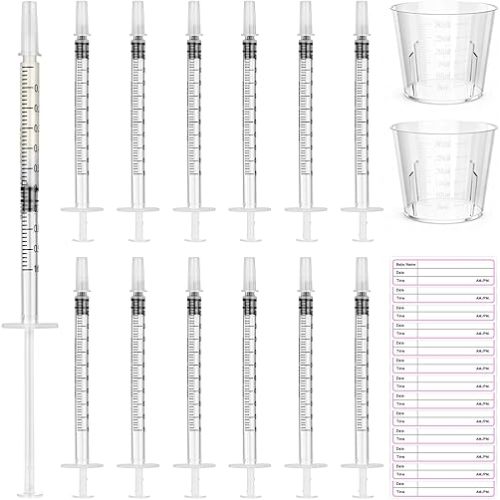 Syringes with Caps Kit, 50pcs 1ml Syringe, 2pcs 30ml Measuring Cup, 50pcs Adhesive Labels, for Colostrum, Pet Feeding, Scientific Labs