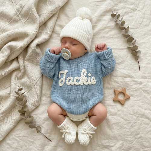 Hand-Embroidered Custom Name Baby Sweater: Personalised Knit, Personalised Holiday Keepsake Jumper for Kids & Babies