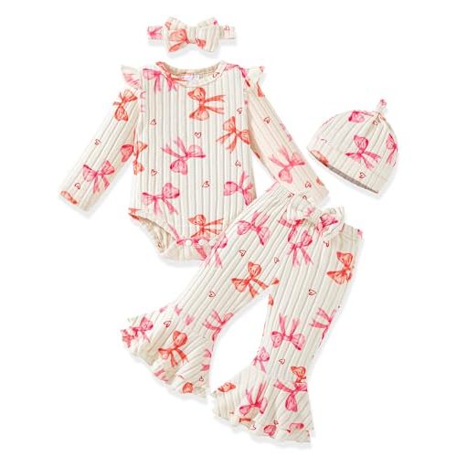 Vibebox Newborn Baby Girl Clothes Fall Coming Home Outfits Set Preemie-12M | Newborn Essentials, Winter Long Sleeve Ruffle Romper Bell Bottom Pants , Matching Clothing , Snap Closures,Headband and Hat