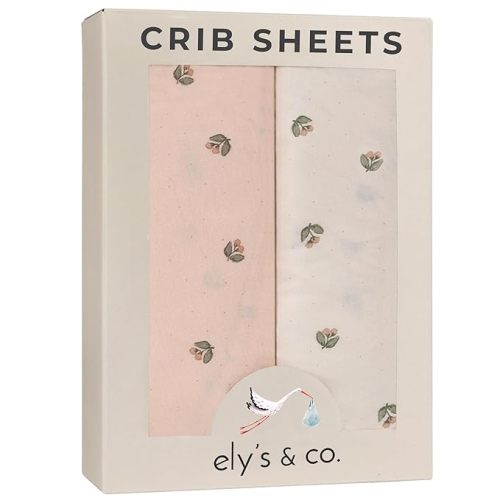 Ely’s & Co. Crib Sheets, Baby Girl Fitted Crib Mattress Sheet Set, 2 Pack, 100% Jersey Knit Cotton, Infant and Toddler Nursery Bedding, Pink Vintage Print, 28” x 52”