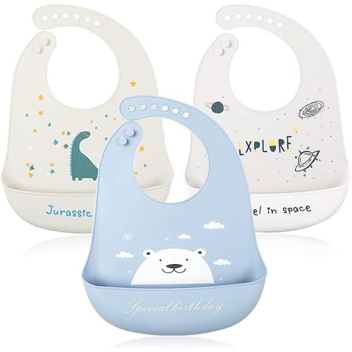 Baby Silicone Feeding Bibs, 3pcs Adjustable Waterproof Bibs for Feeding