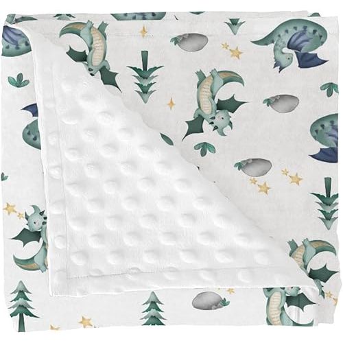 Fairytale Dragon Trees Stars Baby Blankets for Girl Boy Cute Dragons Green Soft Mink Dotted Backing Double Layer Swaddle Receiving Blanket Fantasy Animal Bed Throws for Newborn Toddler Nursery 30x40