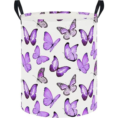CLOCOR Large Laundry Basket,Waterproof Fabric Storage Container,Room Decor(Deep Purple Butterfly)