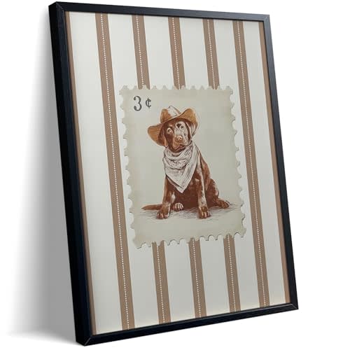 Vintage Cowboy Dog Wall Art, Western Puppy Stamp Canvas Print, Farm Rustic Country Animal Wall Decor, Southwestern Poster Oil Painting for Living Room Bedroom Nursery Office 8x10 Inch Framed