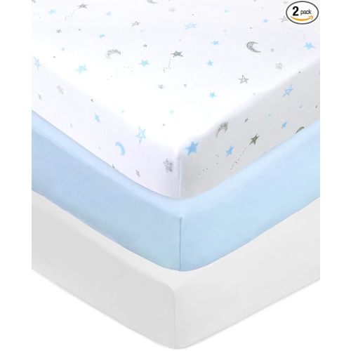 American Baby Company 3 Pack 100% Natural Cotton Fitted Crib Sheets 52" x 28" - Soft, Breathable, Hypoallergenic & Gentle Toddler Bed Sheets, Blue Stars/Blue/White, Neutral for Boys & Girls