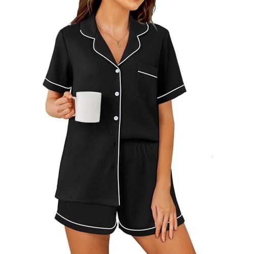 Ekouaer Womens Waffle Knit Pajama Sets Soft Short Sleeve Button Down Sleepwear Cozy 2 Piece Pjs Shorts Set