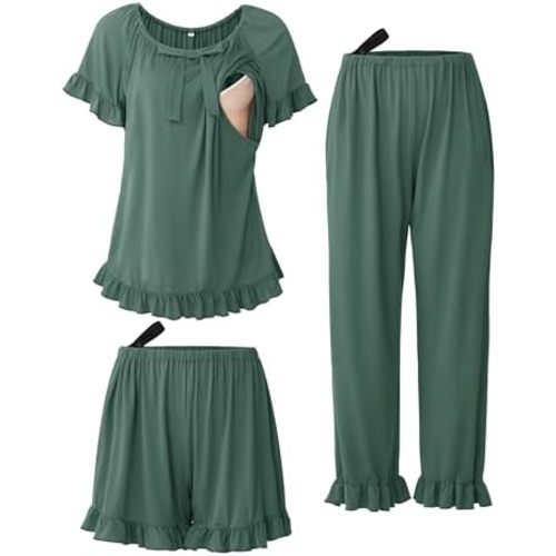 SUNNYBUY 3Pcs Ruffle Trim Postpartum Nursing Pajamas Set with Bowknot, Maternity Breastfeeding PJS Pregnancy Sleepwear